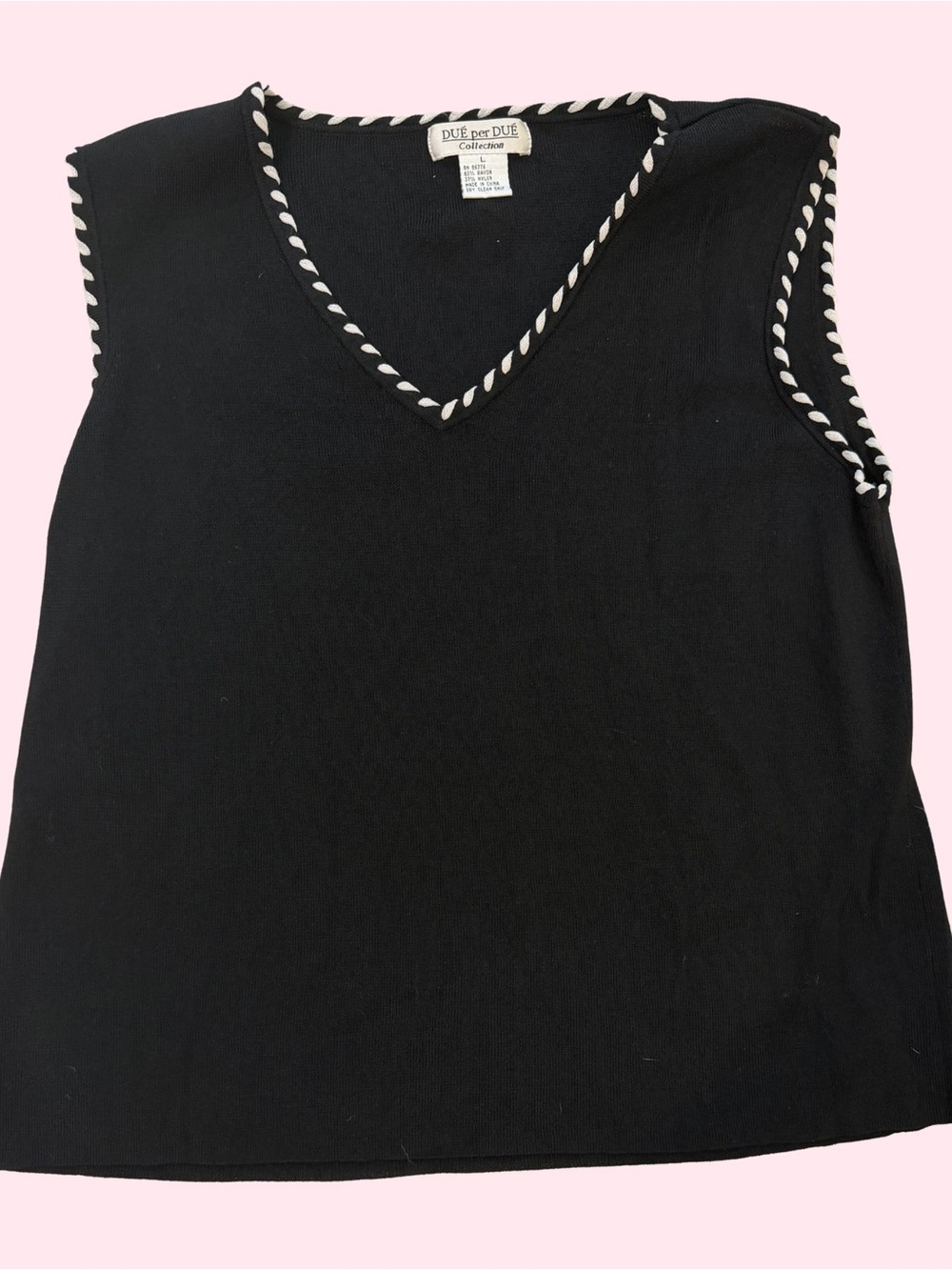 DUE Per DUE Black V-Neck Sleeveless Tank with Contrast Rope Trim